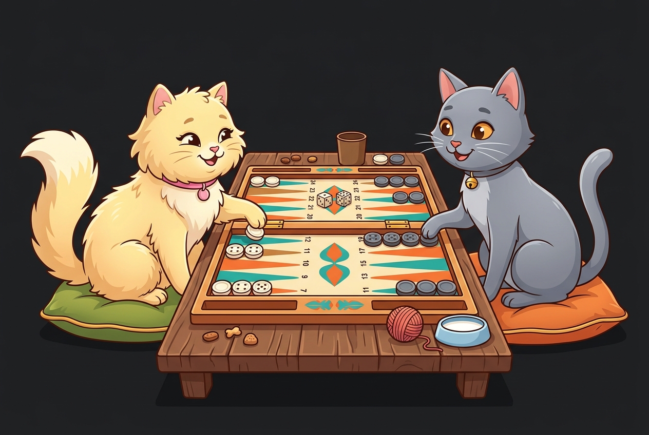 Fluffy blonde cat and sleek grey cat playing backgammon